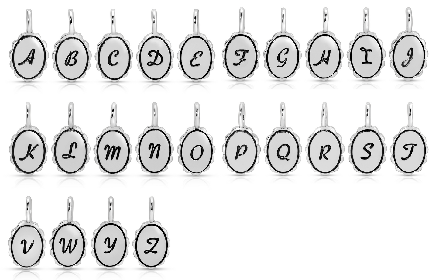 Alphabet letter charms in silver metal on a white background.