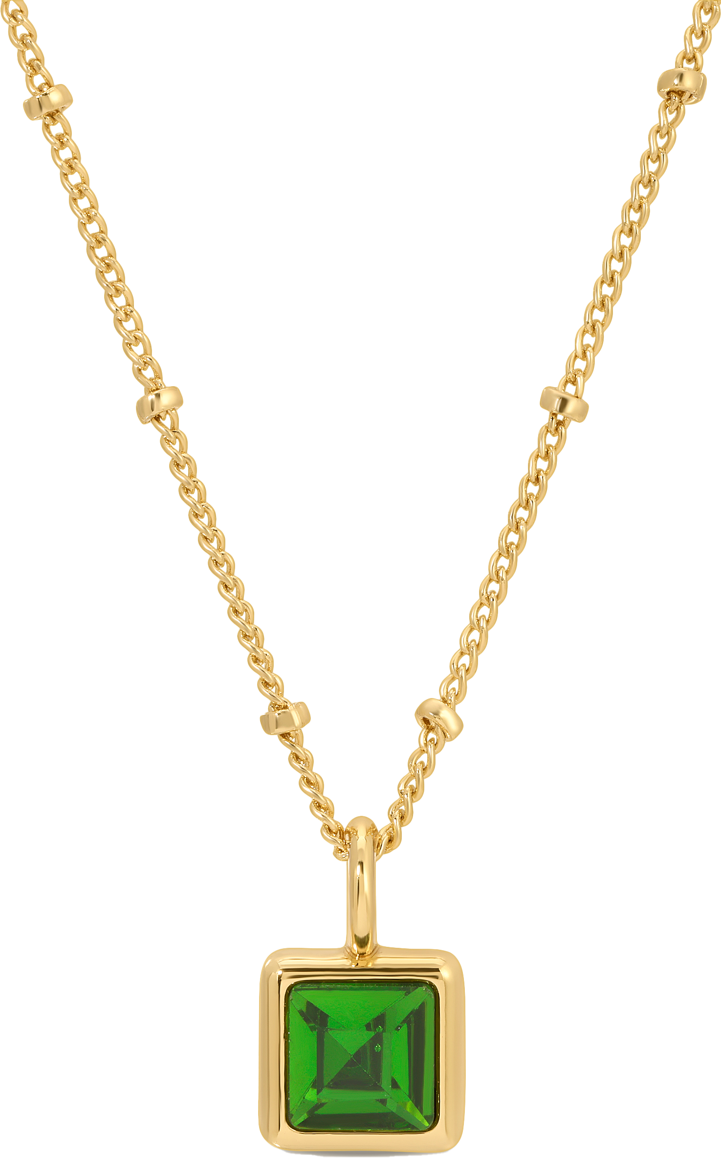 A gold chain necklace features a square green gemstone pendant.