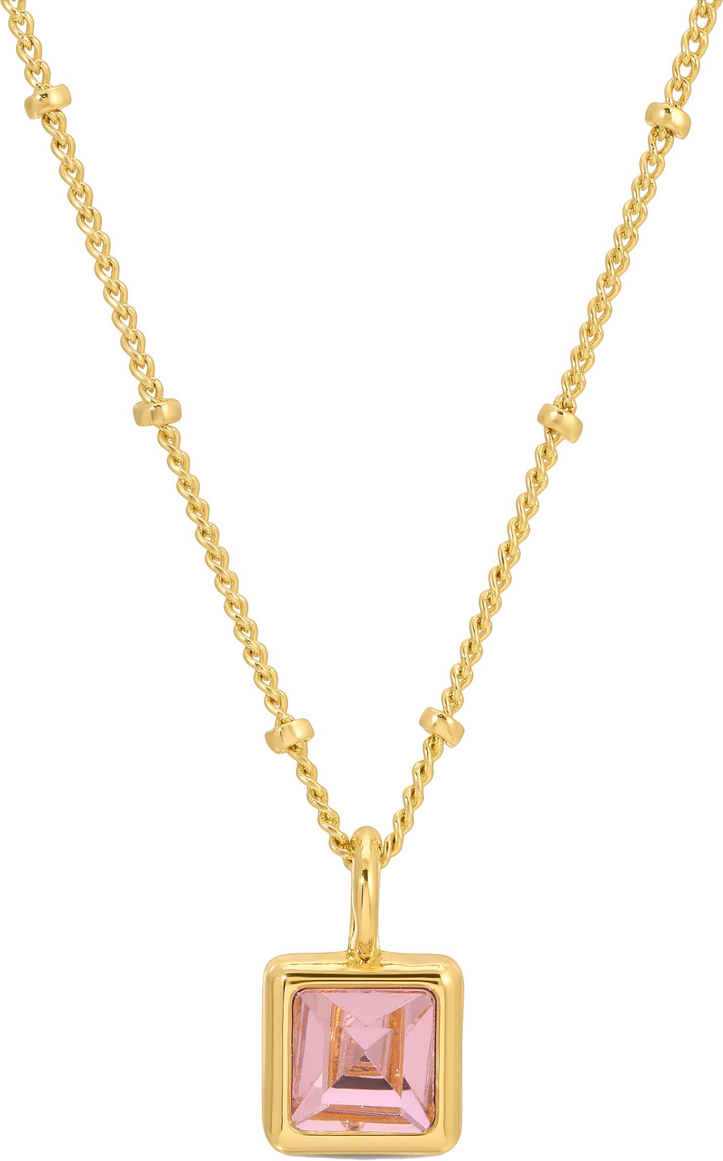 A gold necklace with a pink square pendant.