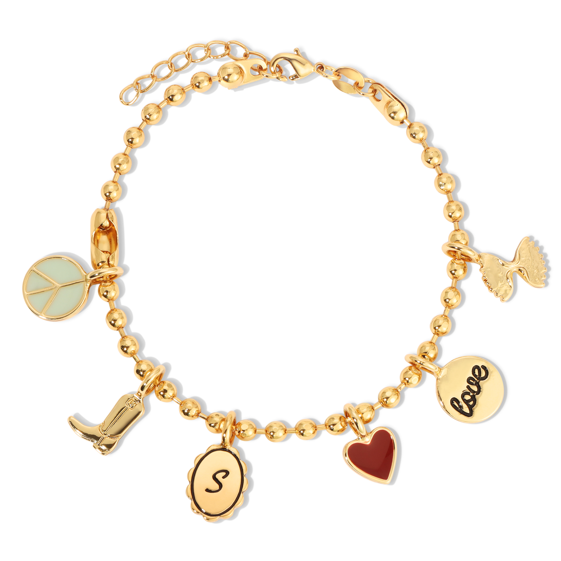 A gold-colored charm bracelet with various charms, including a peace sign, cowboy boot, 'S' pendant, heart, and 'love' coin, is displayed on a black background.