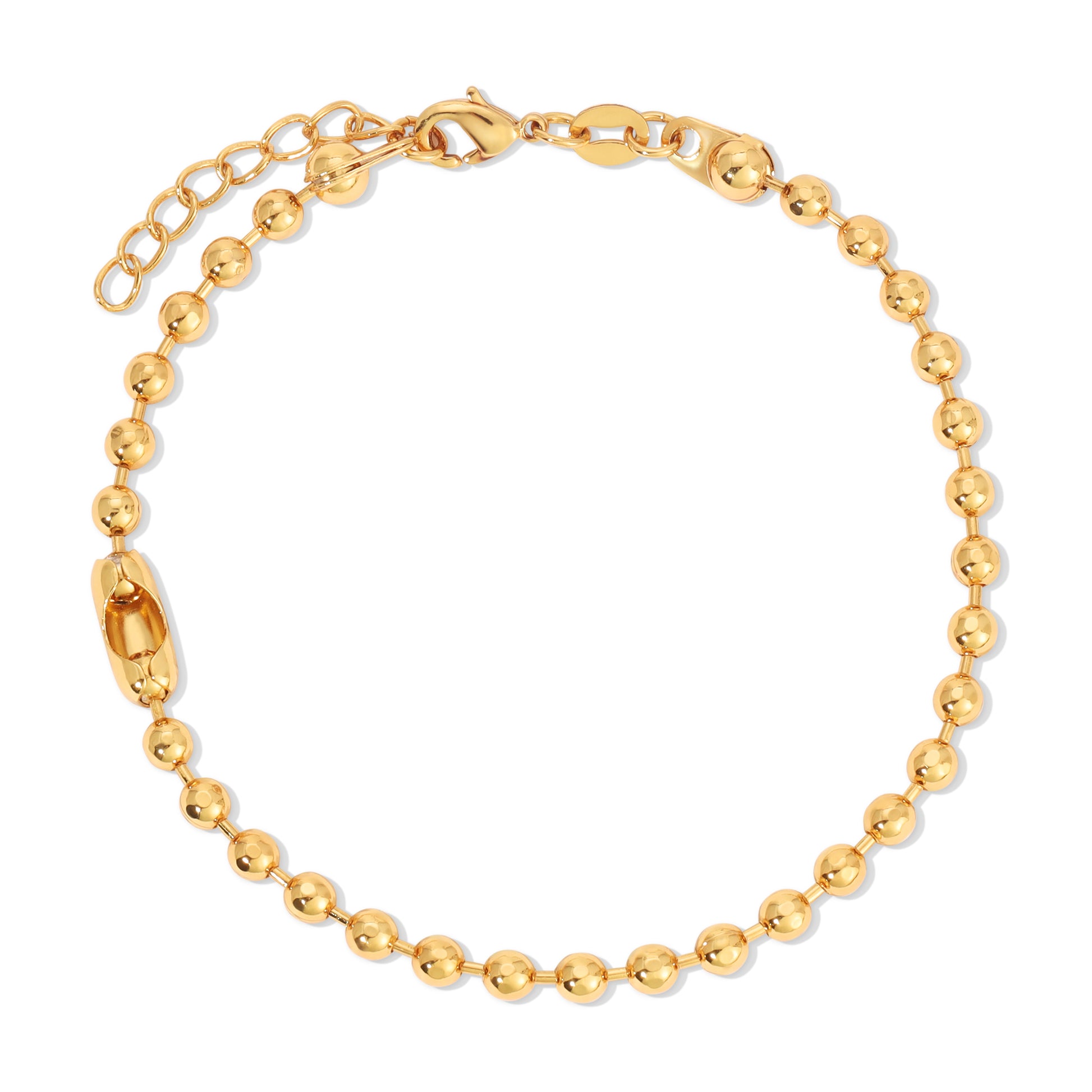A gold-colored ball chain bracelet is displayed on a white background.