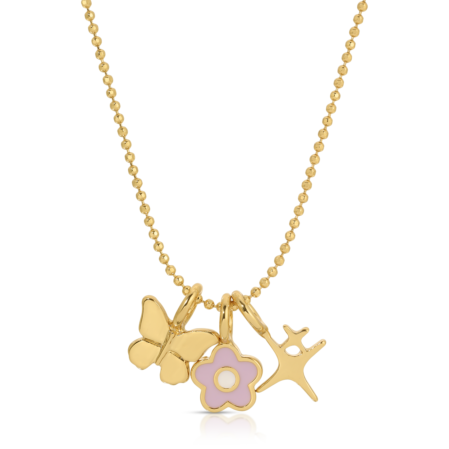 A gold ball chain necklace has charms with a butterfly, flower, and star shape.