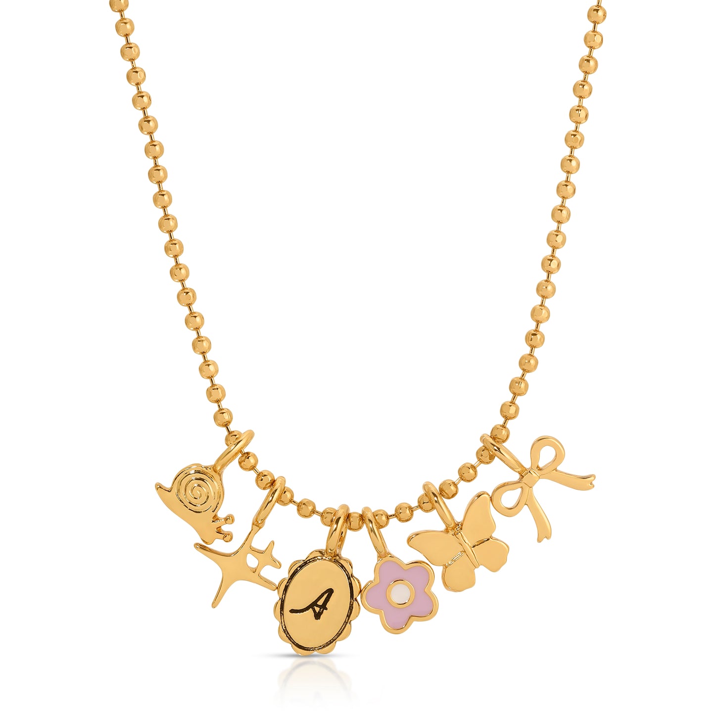 A gold-colored beaded necklace with various charms including a snail, starfish, the letter "A", a flower, a butterfly, and a ribbon.