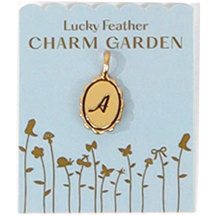 Lucky Feather Charm Garden card with a gold-colored oval charm pendant displaying the letter 'A'.