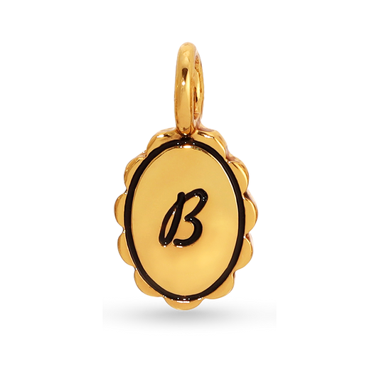 A gold charm with a decorative border contains the letter 'B'.