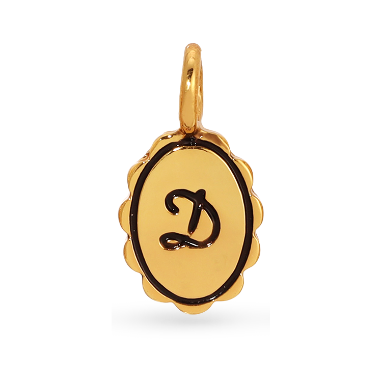 A golden charm with the letter D on it.