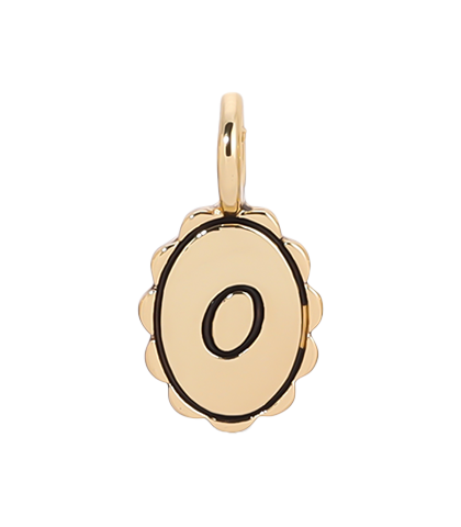 A gold-colored pendant shows the letter "O" on a scalloped, oval-shaped charm.