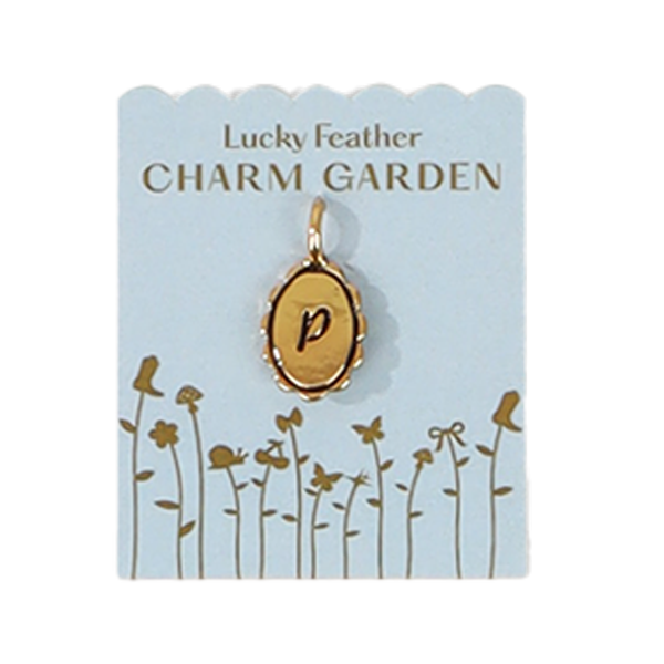 A "Lucky Feather Charm Garden" display card holds a gold letter "p" pendant.