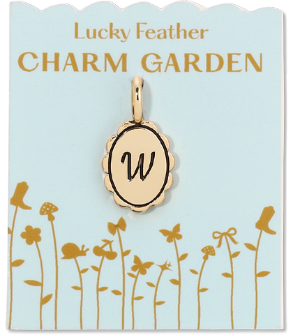 A "Lucky Feather Charm Garden" charm with the letter "W" on a light blue card.