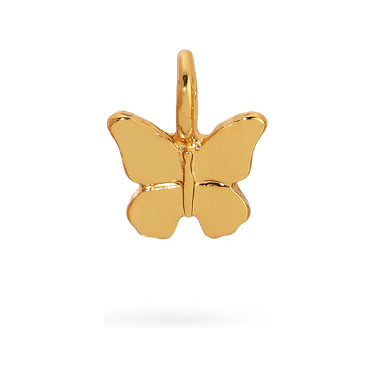 A gold-colored butterfly charm with a loop at the top is centered on a black background.