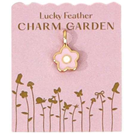 A pink flower-shaped charm on a pink card with the words 'Lucky Feather CHARM GARDEN' and a golden flower design.