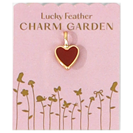 A red heart pendant hangs from a pink card labeled "Lucky Feather Charm Garden."