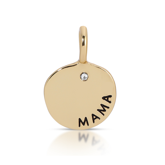 A gold charm with a gem and the word 'mama'.