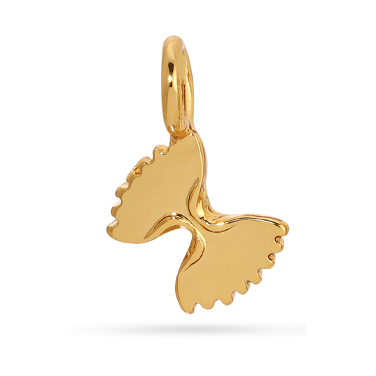 A gold charm in the shape of farfalle pasta hangs from a loop.