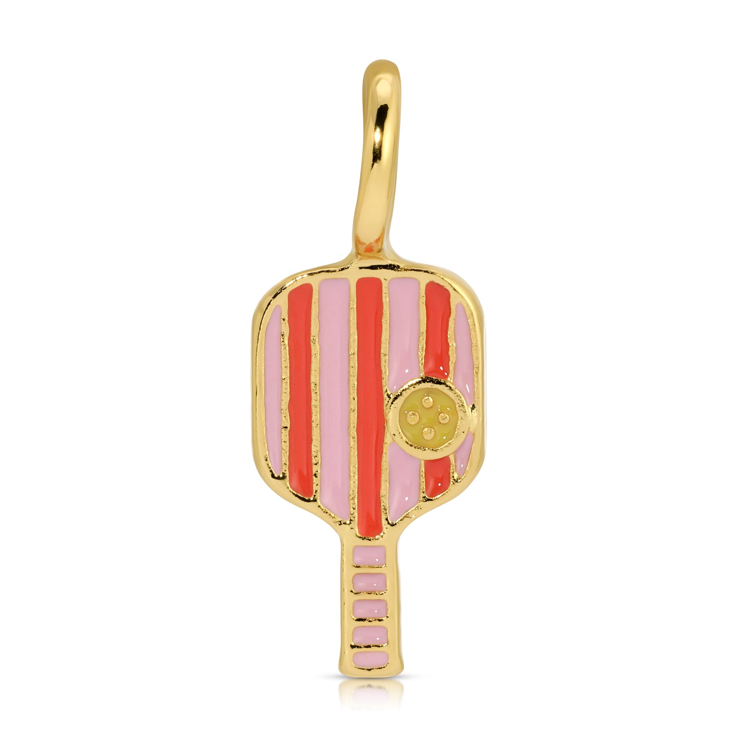 A gold pickleball paddle charm with pink and red stripes.
