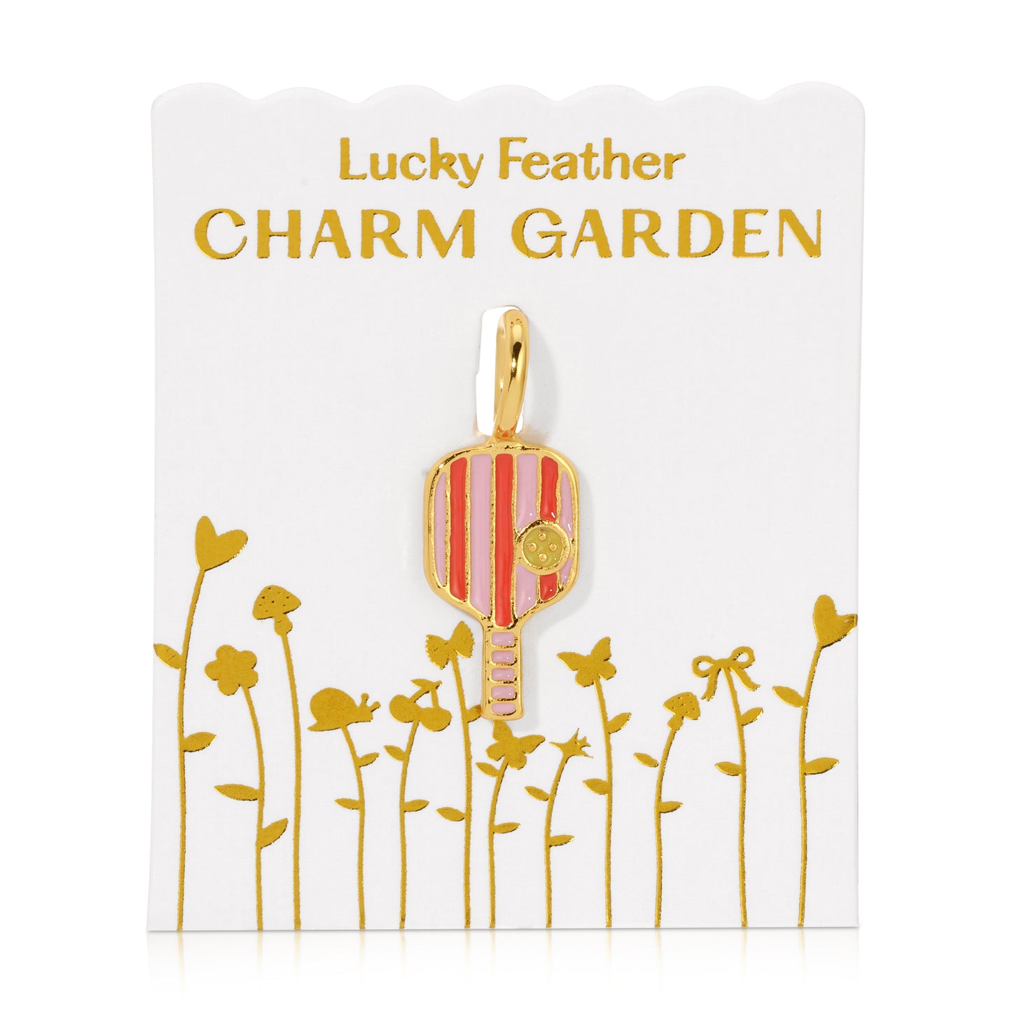 A pickleball paddle charm is displayed on a "Lucky Feather Charm Garden" card.