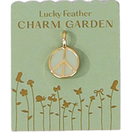A 'Lucky Feather Charm Garden' card displays a gold-toned peace sign pendant.
