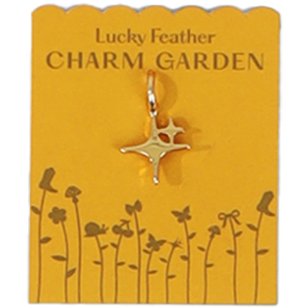 A star-shaped charm hangs from a yellow 'Lucky Feather Charm Garden' card featuring a floral design at the bottom.