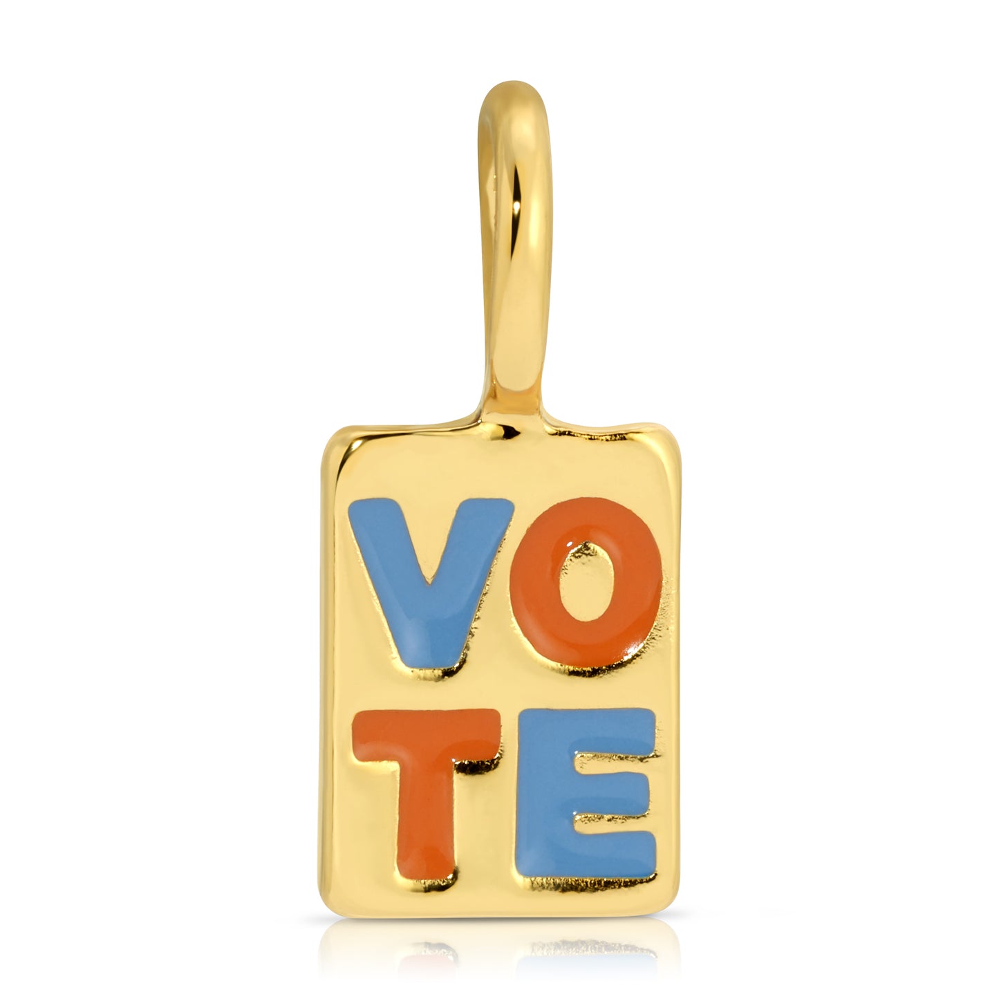 A gold charm with the word "VOTE" in alternating blue and orange letters.