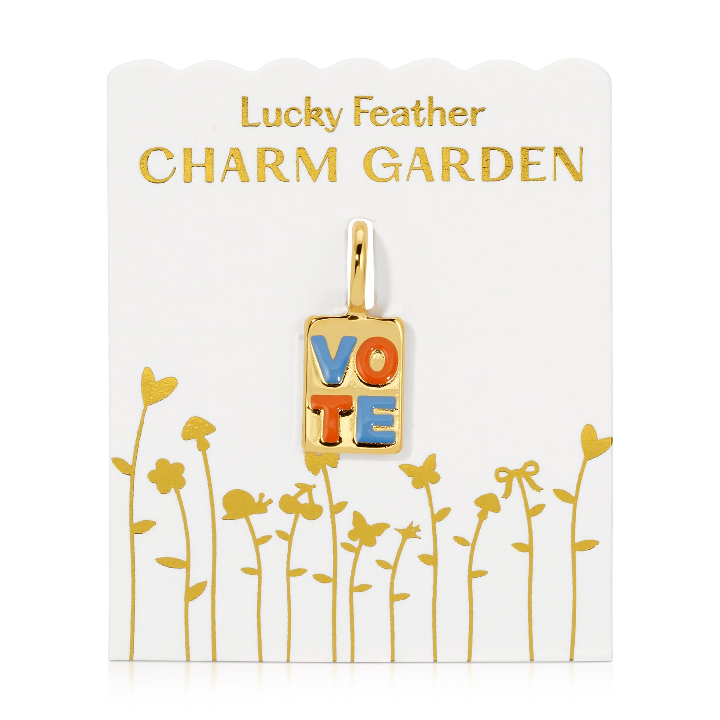 A "Lucky Feather Charm Garden" jewelry card with a "VOTE" charm.