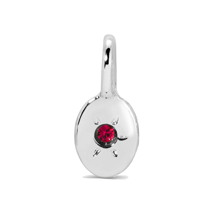 A silver pendant with a red gem.