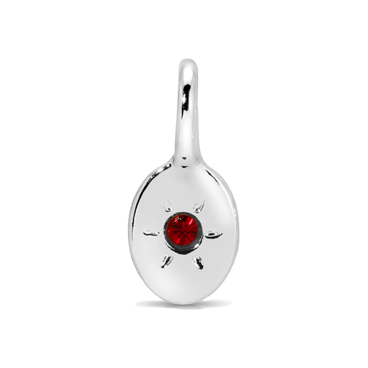 A silver pendant with a red stone in the center.