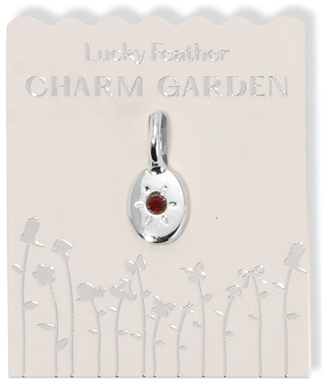 A "Lucky Feather Charm Garden" card displays a silver pendant with a red stone.