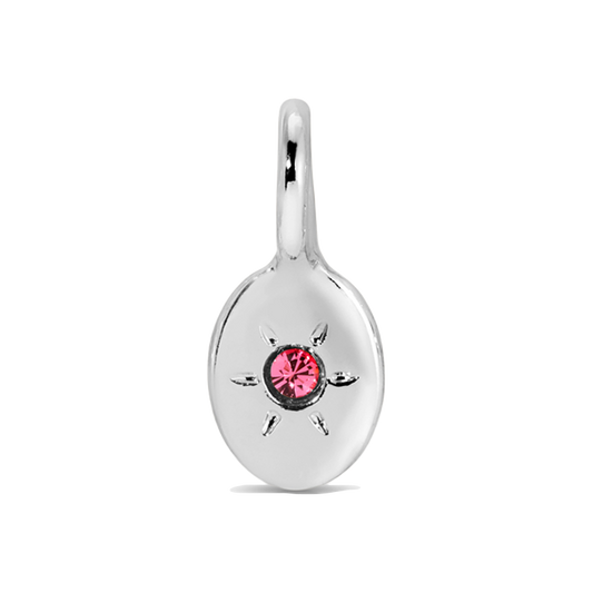 A silver charm with a pink gemstone.