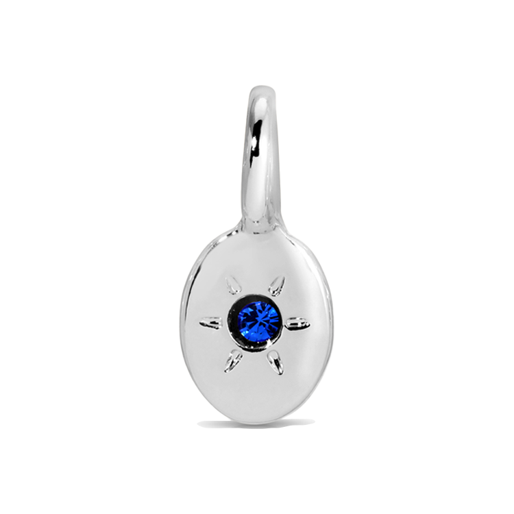 Silver pendant with a blue gemstone.