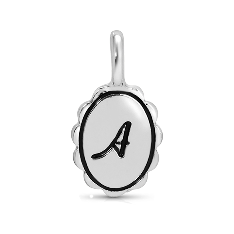 Close-up of a silver pendant with an ornate oval shape and the letter "A" in black.