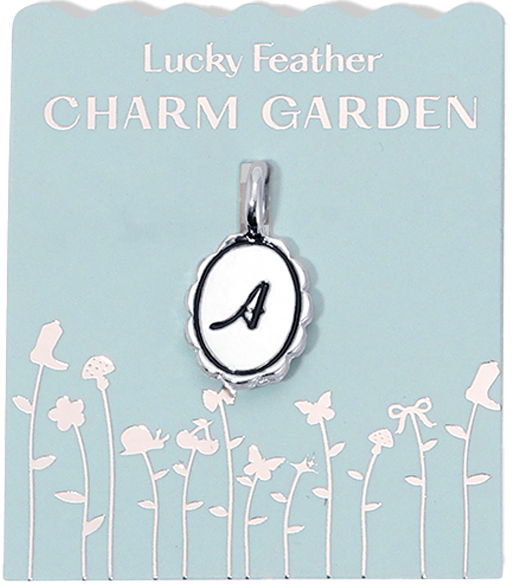 A "Lucky Feather Charm Garden" card displays a silver charm with the letter A.