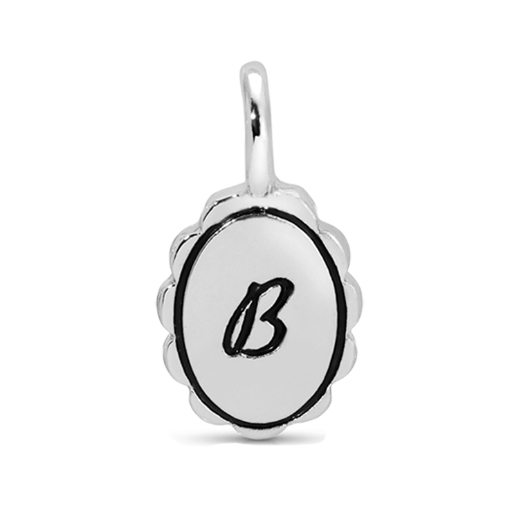 A silver pendant with a loop at the top features the letter "B" in black on an oval surface.