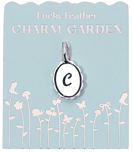 A "Lucky Feather Charm Garden" pendant with the letter "C" on a light blue card with a floral design.