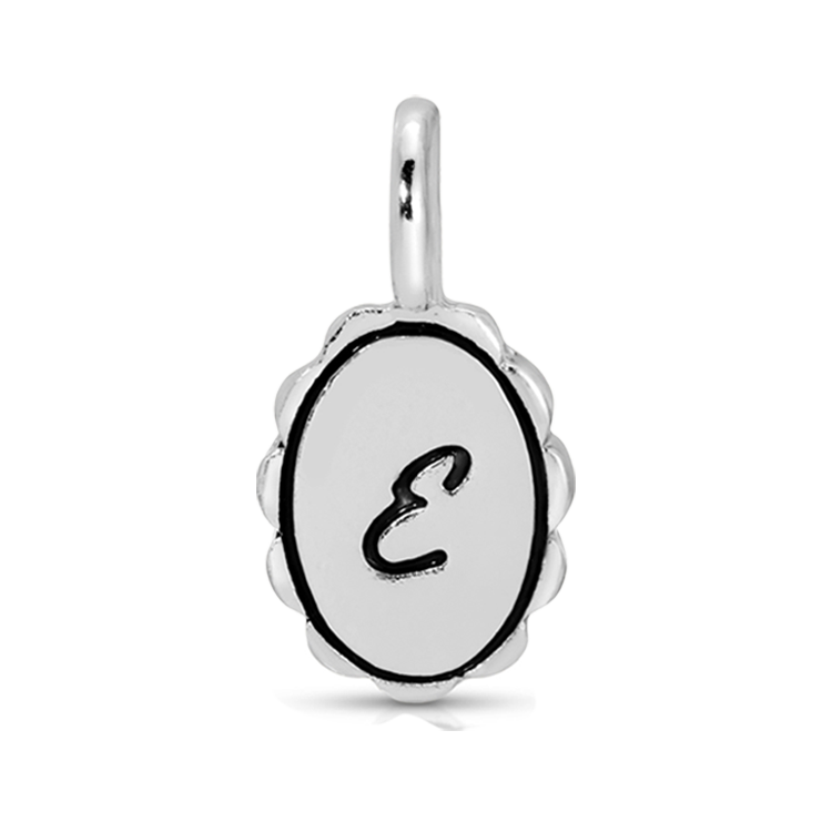 A silver pendant charm featuring the letter "E".