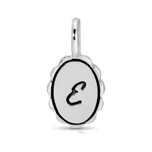 A silver pendant charm featuring the letter 'E'.