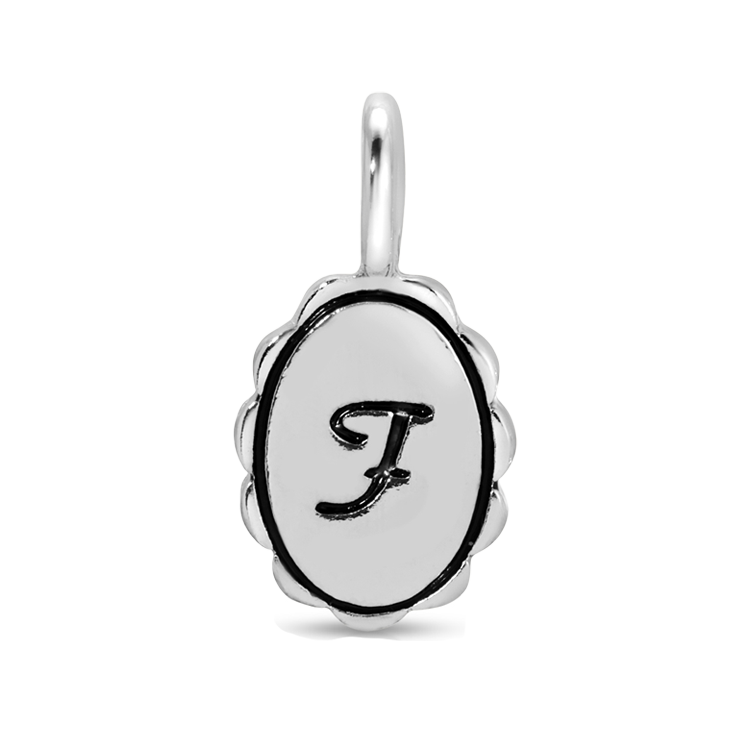 Silver charm pendant with the letter F in black script.