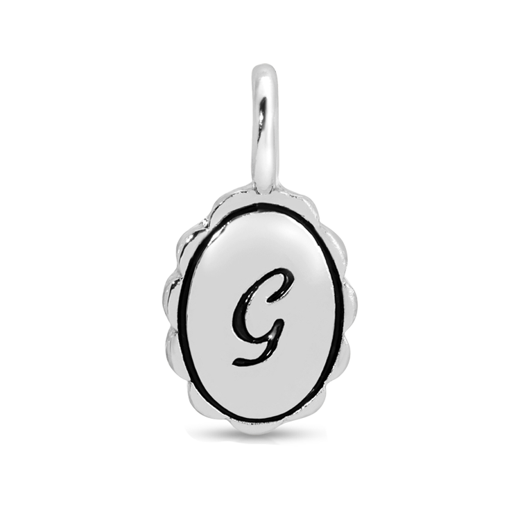A silver charm pendant features the letter "G" in black.