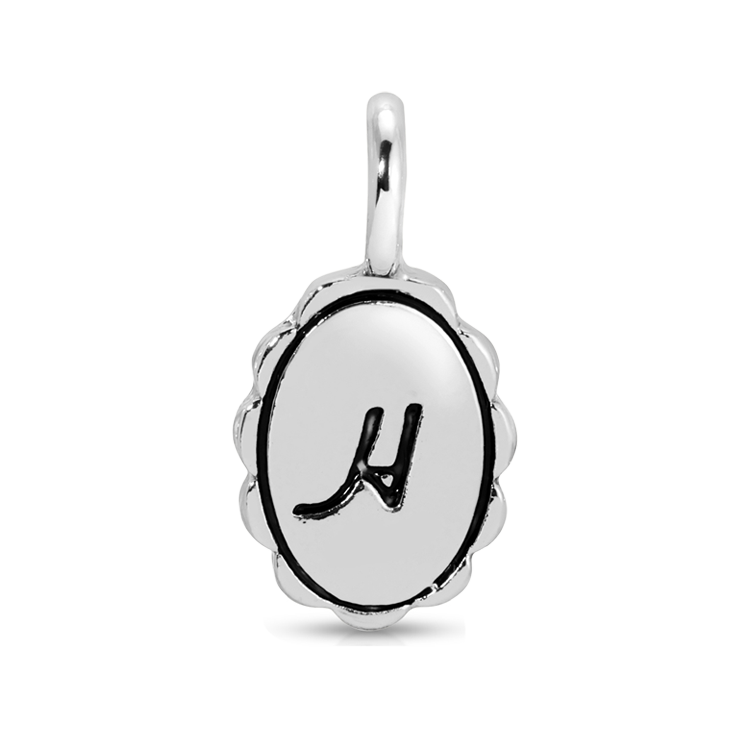 A silver charm with the letter "H".