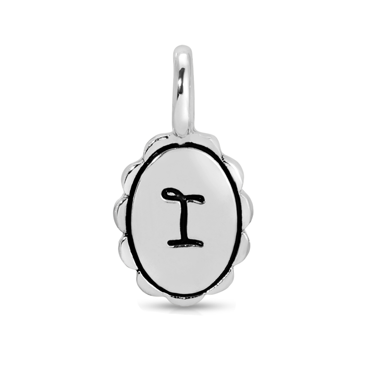 Silver charm with the letter "I" on it.