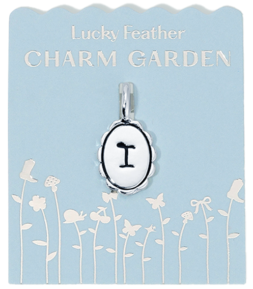 A "Lucky Feather Charm Garden" card displaying a letter "I" charm pendant.
