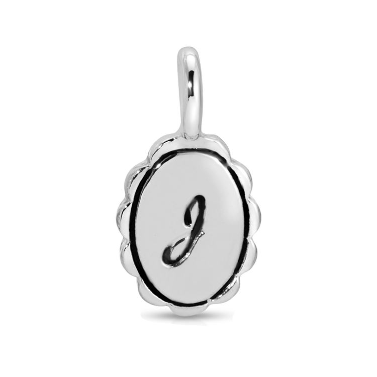 Silver charm with a script letter J.