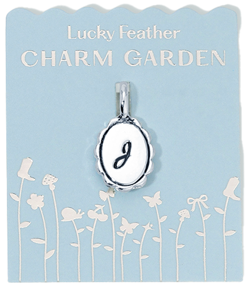 Silver "J" charm on a "Lucky Feather Charm Garden" card with floral and butterfly illustrations.