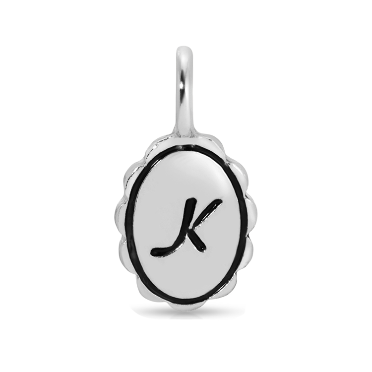 A silver charm with the letter K.