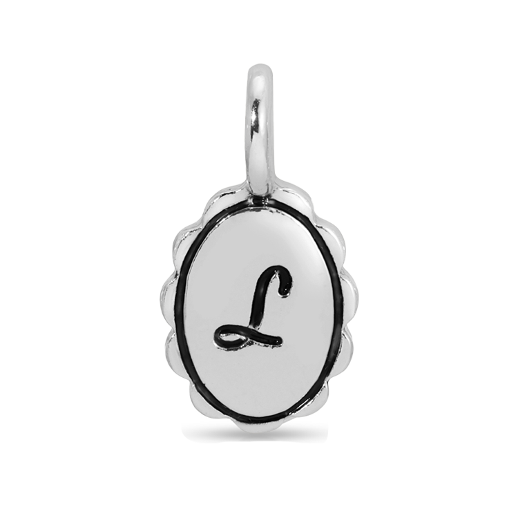 A silver pendant with the letter "L" on an oval disc.