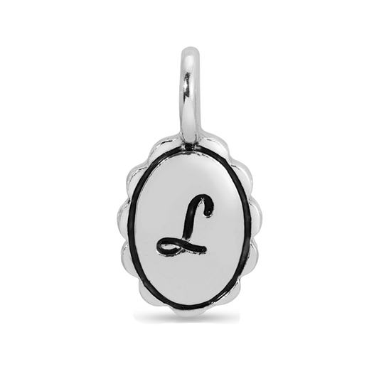 A silver pendant with the letter 'L' on an oval disc.