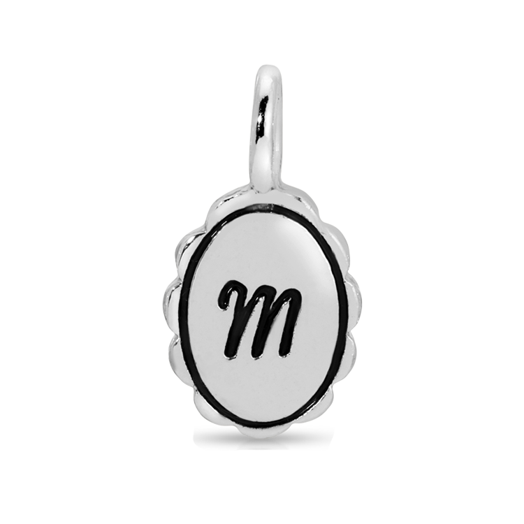 A silver charm pendant with the letter "m" in script.