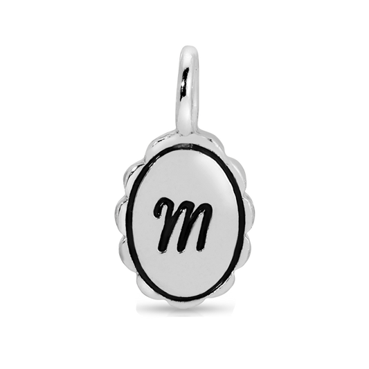 A silver charm pendant with the letter 'm' in script.
