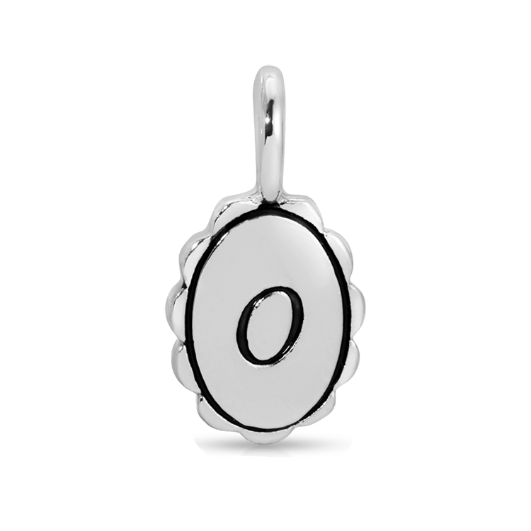 Silver pendant with a letter "O" on its surface.