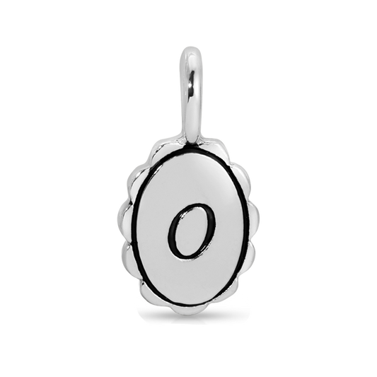 Silver pendant with a letter 'O' on its surface.