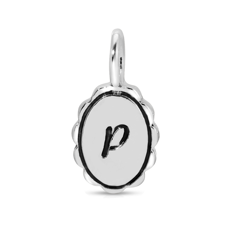Silver charm with the letter "p" in the center.